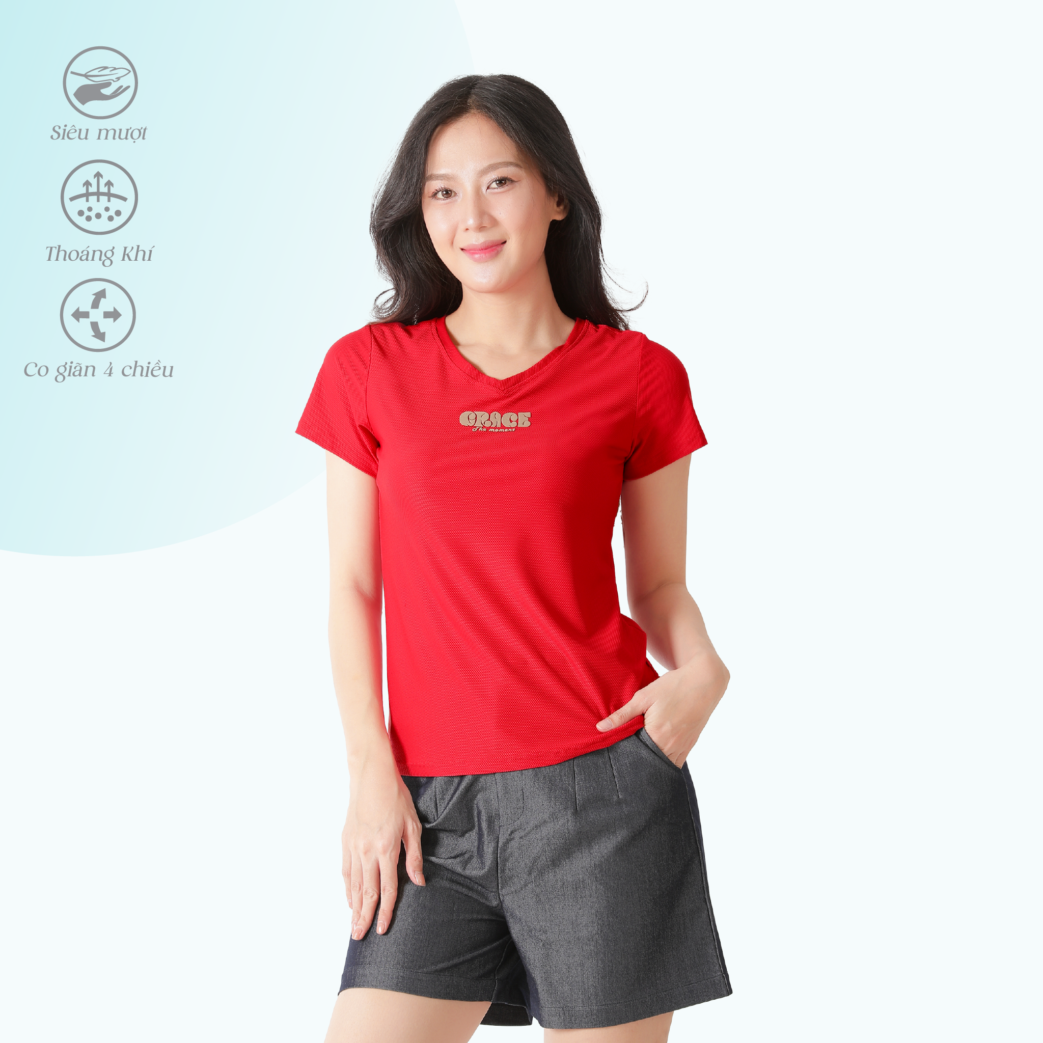 Áo thun nữ cổ tim tay ngắn chất silk lạnh siêu mát co dãn 4 chiều  370p 0362