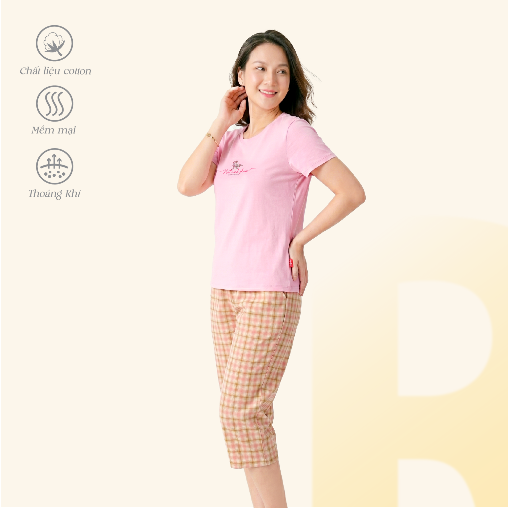 Set đồ bộ nữ kiểu quần lửng chất caro áo tay ngắn chất cotton siêu mát 024p 4325