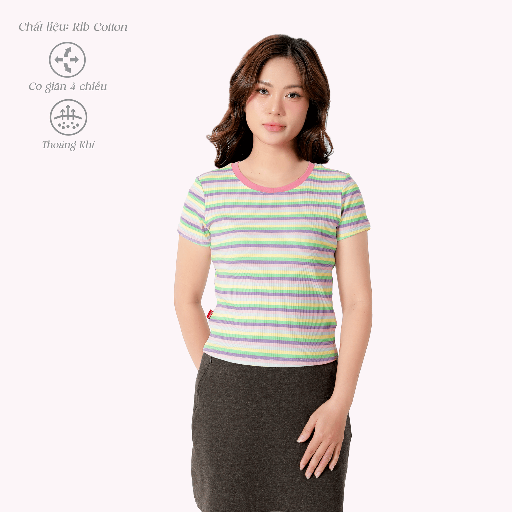 Áo thun nữ tay ngắn form suông cổ tròn rib sọc chất cotton siêu mát 220p 0275