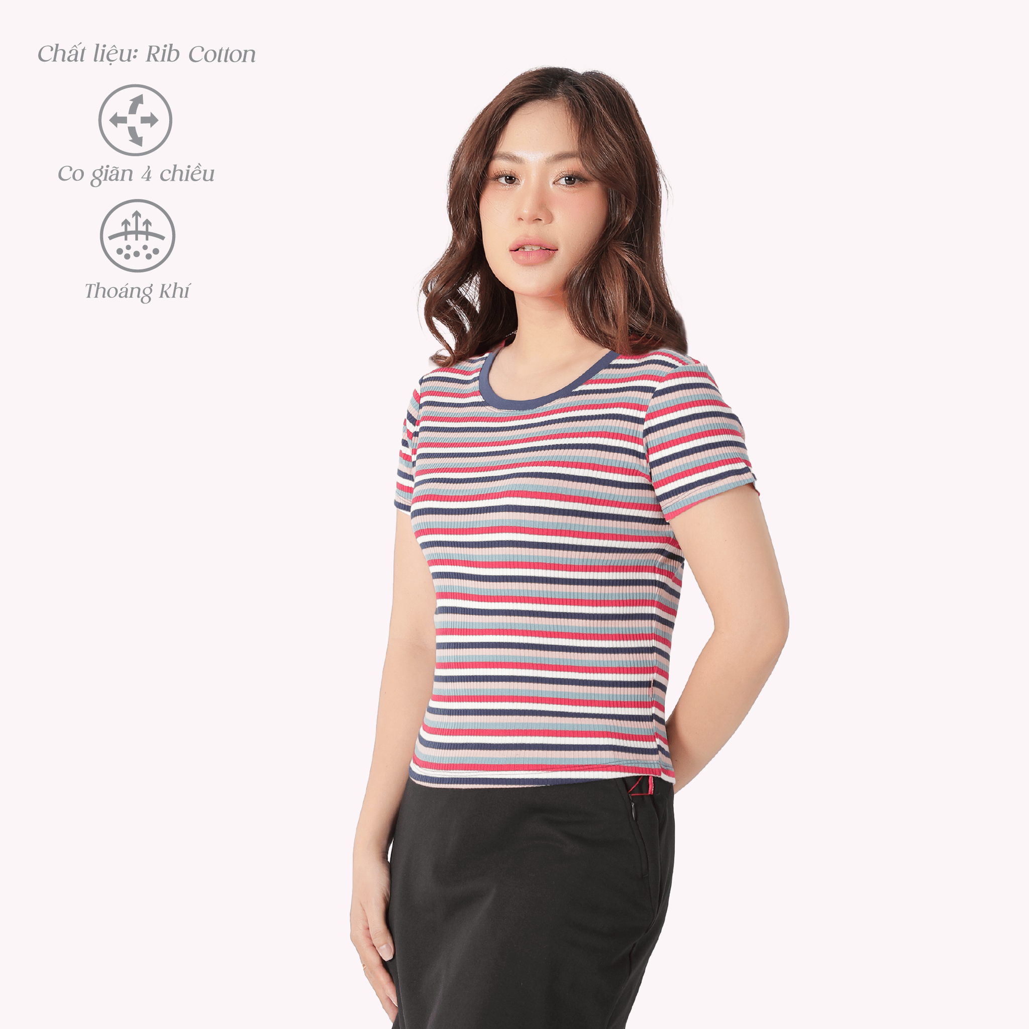 Áo thun nữ tay ngắn form suông cổ tròn rib sọc chất cotton siêu mát 220p 0275