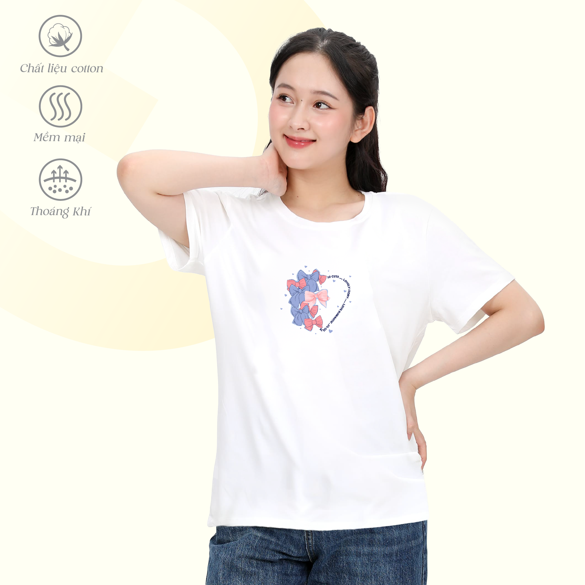 Áo thun nữ cổ tròn tay ngắn phom rộng chất cotton siêu mát 020p 0374