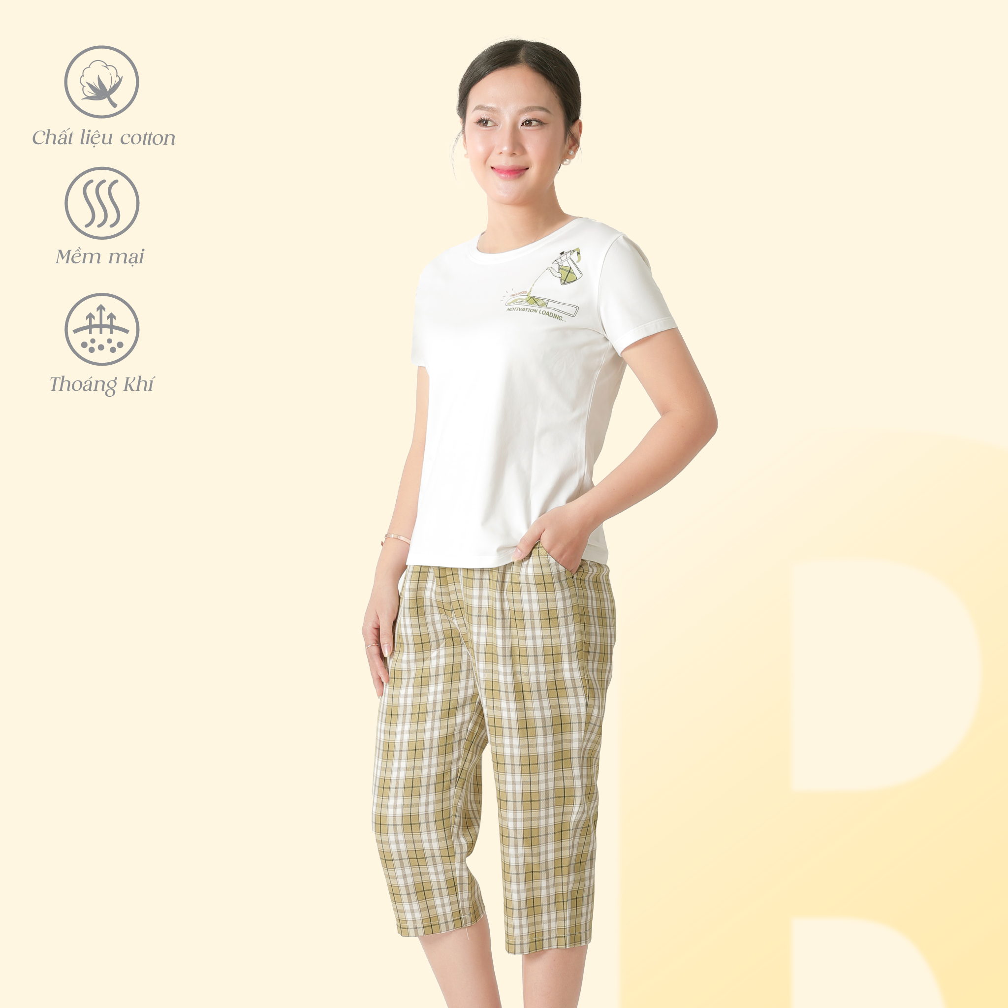 Set đồ bộ nữ kiểu quần lửng chất caro áo tay ngắn chất cotton siêu mát 024p 4322