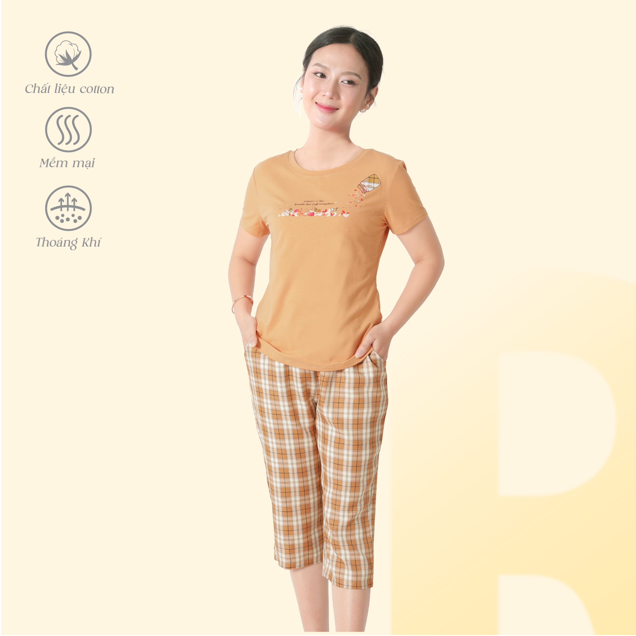 Set đồ bộ nữ kiểu quần lửng chất caro áo tay ngắn chất cotton siêu mát 024p 4322