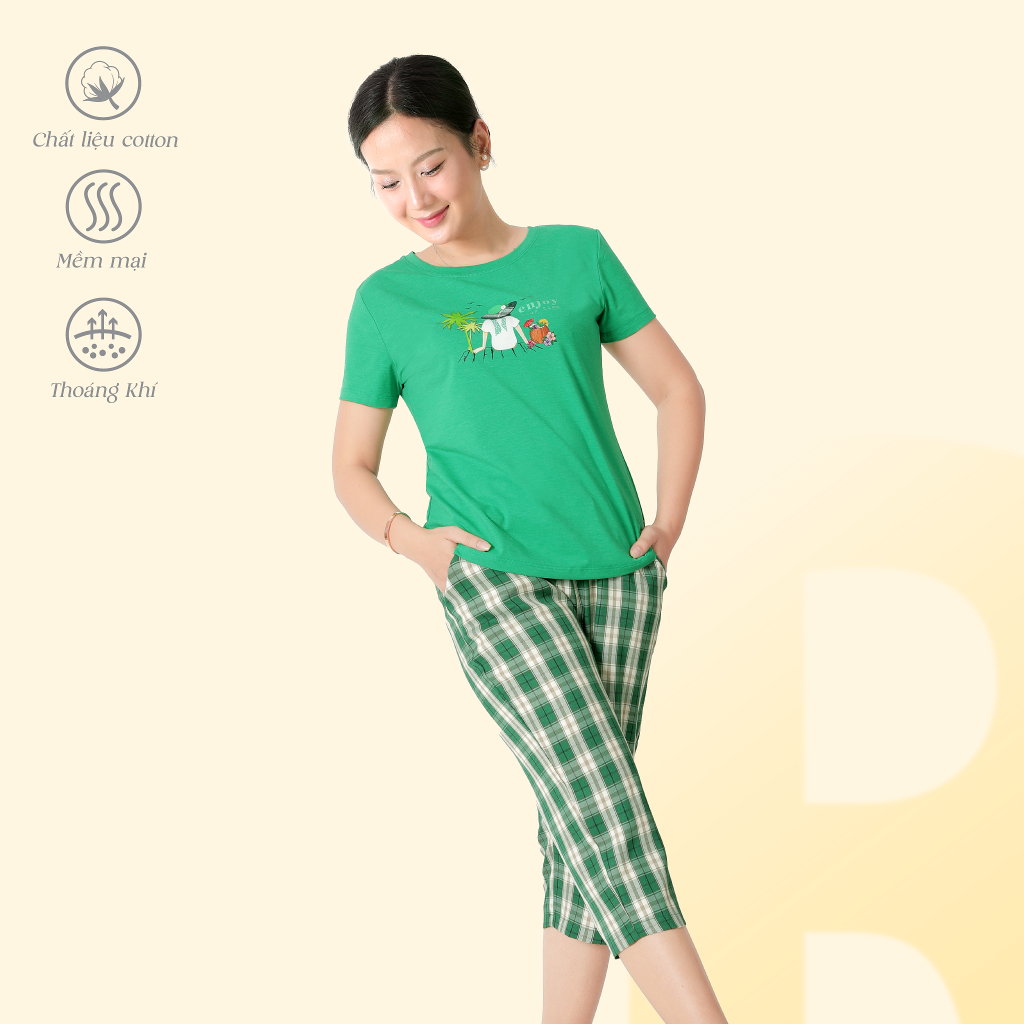 Set đồ bộ nữ kiểu quần lửng chất caro áo tay ngắn chất cotton siêu mát 024p 4322