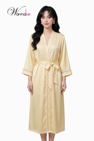 Áo choàng ngủ phi lụa Kimono Wannabe KIS11 dáng dài, viền đăng ren hoa sang trọng quý phái