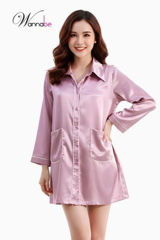 Đầm ngủ sơ mi lụa cao cấp WANNABE DNS44 váy ngủ kiểu dáng pijama rộng rãi thoải mái tay dài viền gân nổi có túi tiện lợi
