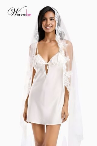 Váy ngủ lụa latin WANNABE cổ V xẻ sâu phối ren 3d váy ngủ cô dâu cho đêm tân hôn sang trọng