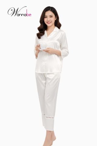 Đồ bộ mặc nhà Pijama nữ WANNABE BDS12 đồ bộ quần dài tay dài phối ren nhỏ ở lai sang trọng