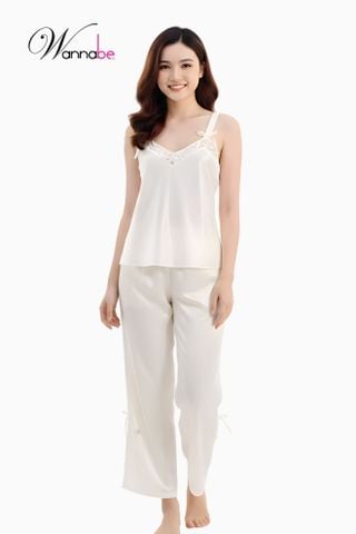 Đồ bộ mặc nhà WANNABE BDS54 đồ bộ quần dài áo bản vai 2 cm đính nơ xinh xắn, cổ áo hình chữ M phối ren nữ tính