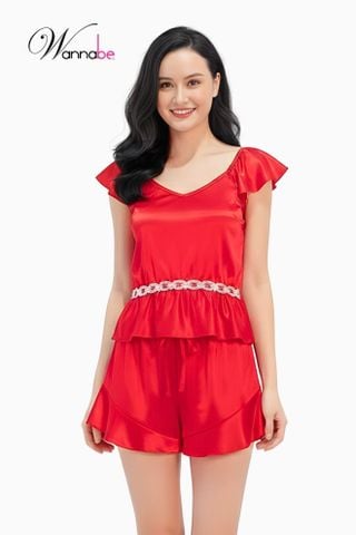 Đồ bộ mặc nhà phi lụa cao cấp WANNABE BSS10 bộ sọt áo lai nhún bèo xinh xắn nữ tính
