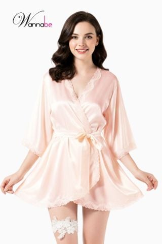 Áo choàng ngủ lụa nữ WANNABE KI605 áo khoát kimono viền ren điệu đà tùng váy xòe tạo cảm giác nhẹ nhàng cho người mặc