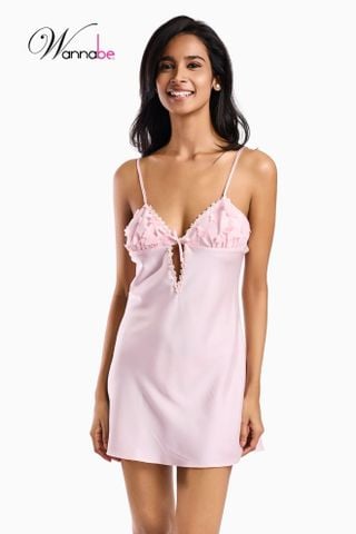 Váy ngủ lụa latin WANNABE cổ V xẻ sâu phối ren 3d váy ngủ cô dâu cho đêm tân hôn sang trọng