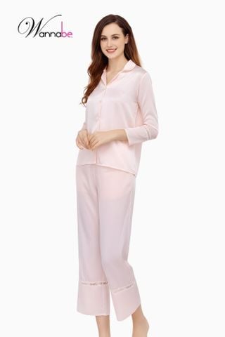 Đồ bộ mặc nhà Pijama nữ WANNABE BDS12 đồ bộ quần dài tay dài phối ren nhỏ ở lai sang trọng