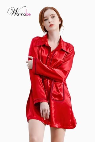 Đầm ngủ sơ mi lụa cao cấp WANNABE DNS44 váy ngủ kiểu dáng pijama rộng rãi thoải mái tay dài viền gân nổi có túi tiện lợi