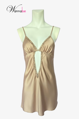 Đầm ngủ lụa cao cấp phối ren beo sang trọng Wannabe dáng suông gợi cảm, chất lụa Latin mềm mại