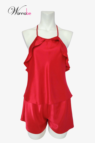 Đồ bộ mặc nhà WANNABE BSS22 đồ bộ quần sọt mặc với áo cổ yếm phối bèo gợn sóng lưng áo cut out trang trí dây khoe lưng