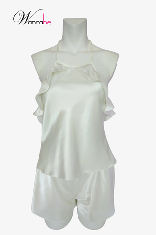 Đồ bộ mặc nhà WANNABE BSS22 đồ bộ quần sọt mặc với áo cổ yếm phối bèo gợn sóng lưng áo cut out trang trí dây khoe lưng