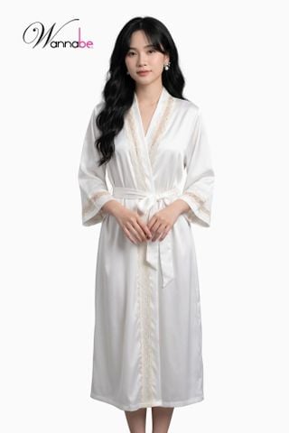 Áo choàng ngủ phi lụa Kimono Wannabe KIS11 dáng dài, viền đăng ren hoa sang trọng quý phái