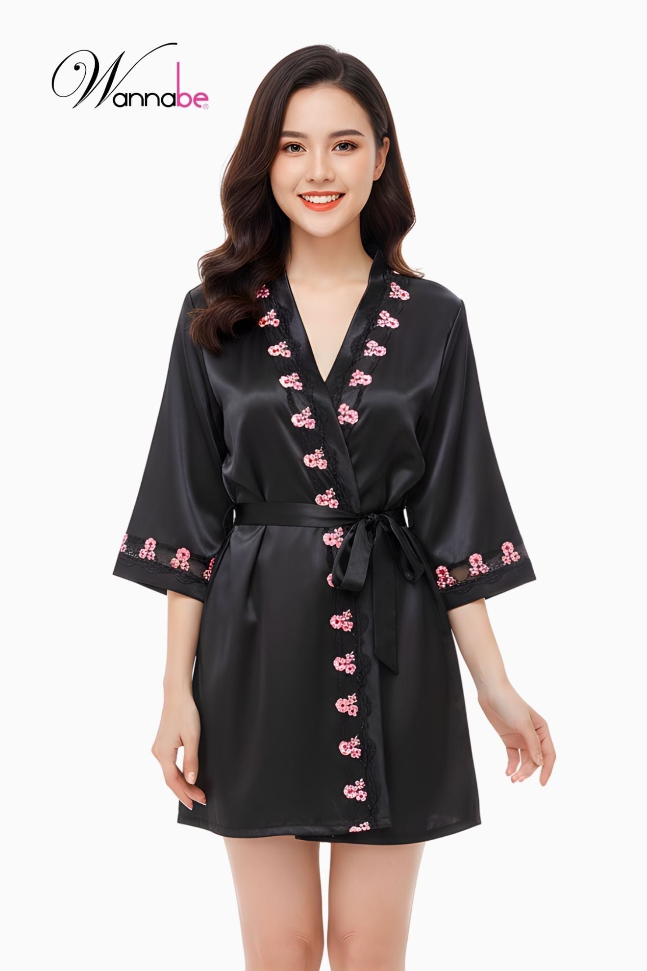  Áo choàng ngủ phi lụa WANNABE KIS08 kimono kiểu dáng sang trọng phối ren nẹp cổ dài rất sang trọng 