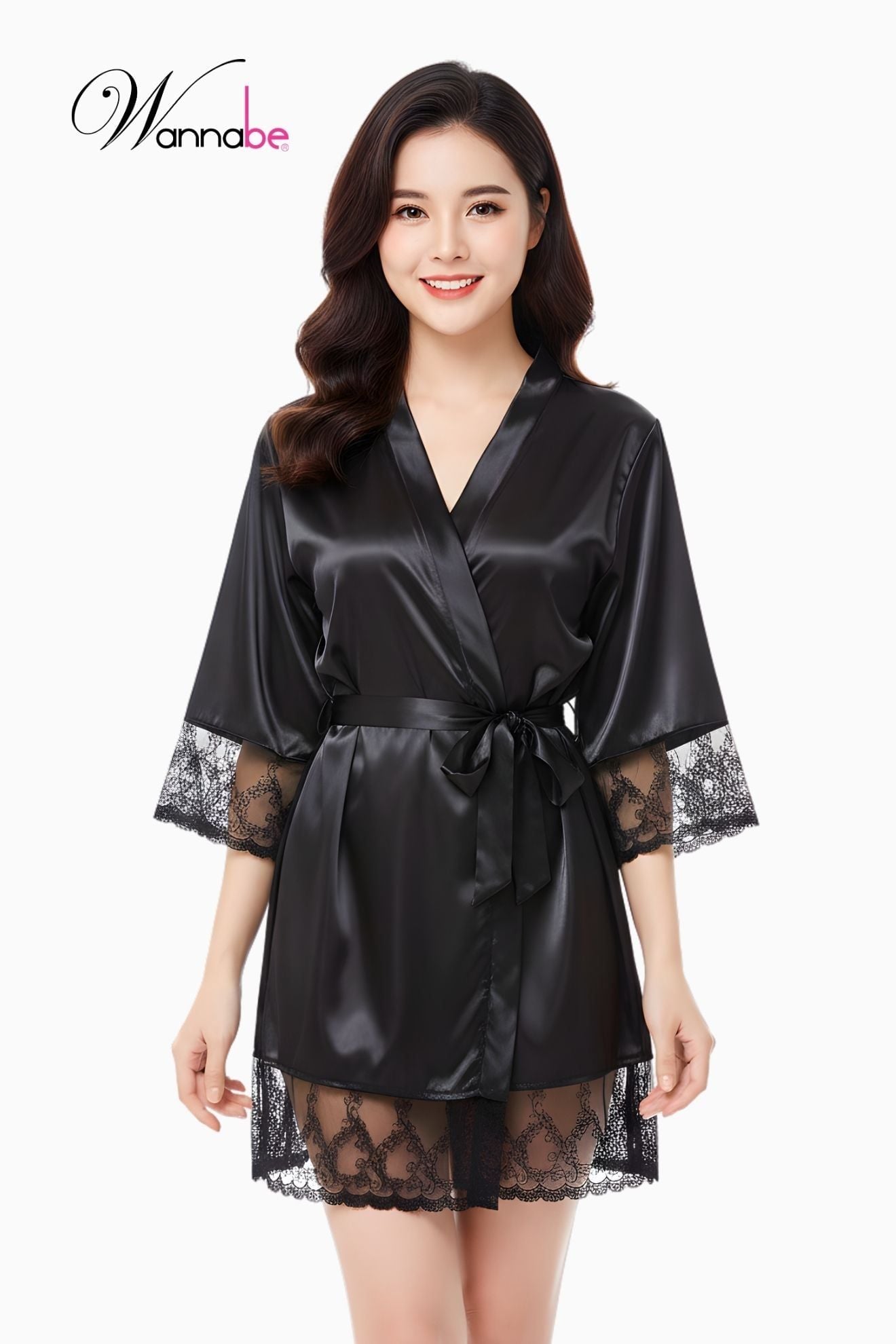  Áo choàng ngủ phi lụa WANNABE KIS06 áo khoác kimono lai áo, lai tay phối ren xinh xắn nữ tính sang trọng 