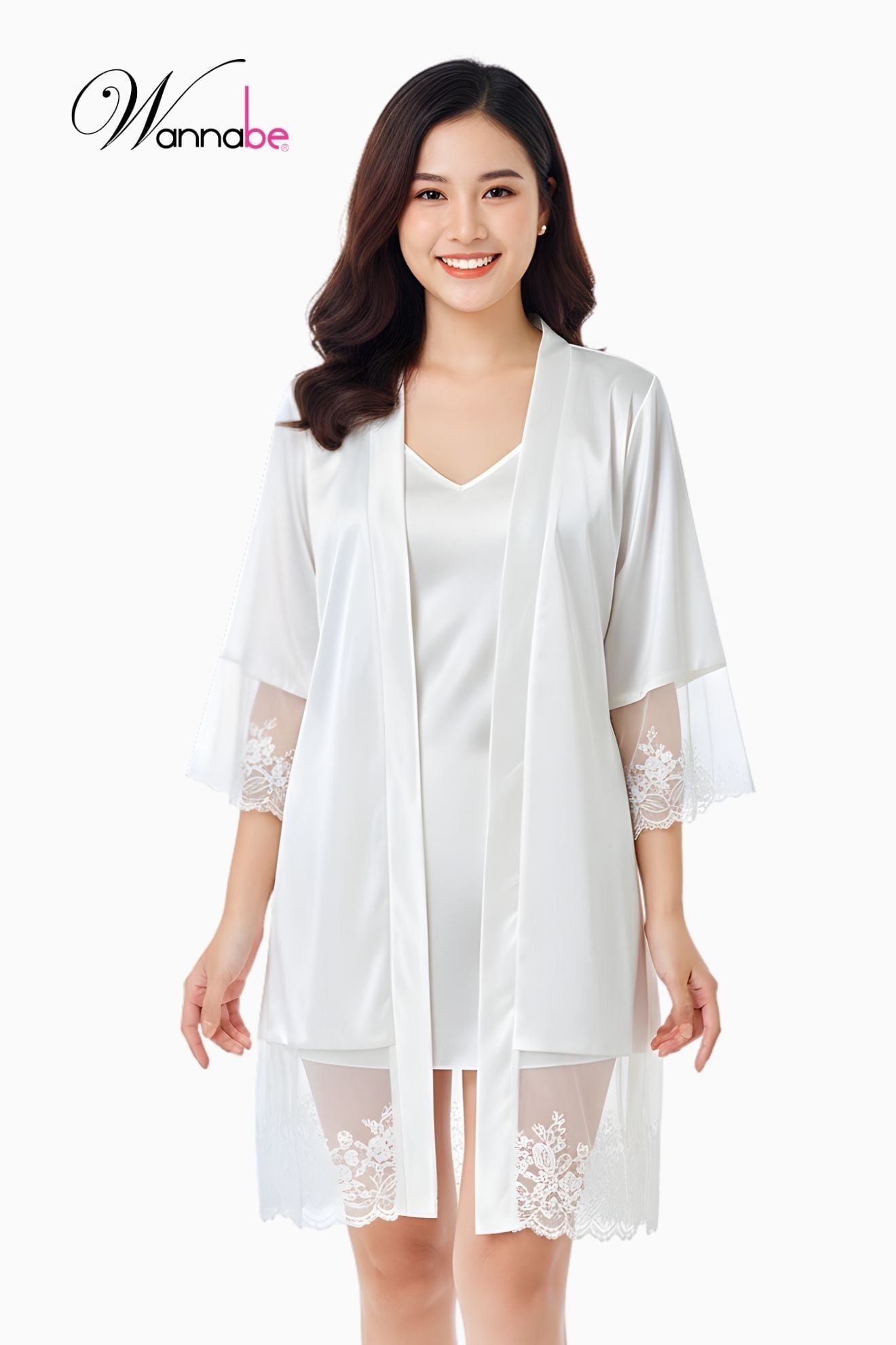  Áo choàng ngủ phi lụa WANNABE KIS06 áo khoác kimono lai áo, lai tay phối ren xinh xắn nữ tính sang trọng 