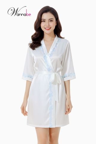 Áo choàng ngủ phi lụa WANNABE KIS08 kimono kiểu dáng sang trọng phối ren nẹp cổ dài rất sang trọng