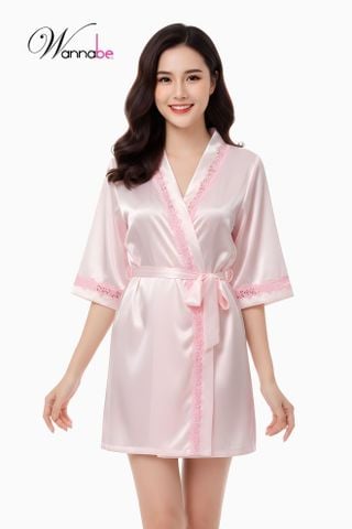 Áo choàng ngủ phi lụa WANNABE KIS08 kimono kiểu dáng sang trọng phối ren nẹp cổ dài rất sang trọng