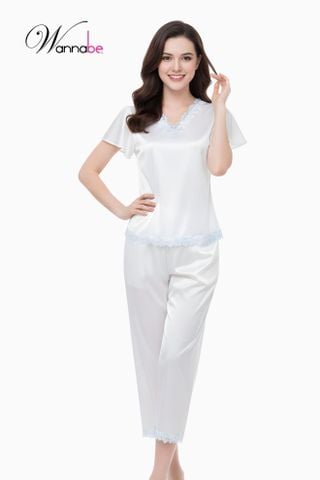 Đồ bộ mặc nhà phi lụa Wannabe, bộ dài BDS08 cổ tim phối ren hoa nhẹ nhàng [wannabe.vn]
