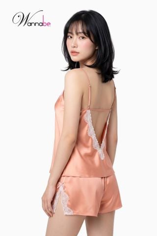 Đồ bộ mặc nhà phi lụa cao cấp WANNABE BSS39 đồ bộ quần sọt phối áo 2 dây lưng cut-out viền ren gợn sóng trẻ trung quyến rũ