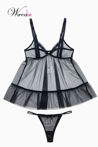 Váy ngủ sexy WANNABE DNC14 đầm ngủ mỏng manh trong suốt cách mặc đồ ngủ quyến rũ chồng TẶNG QUẦN ĐỒNG BỘ