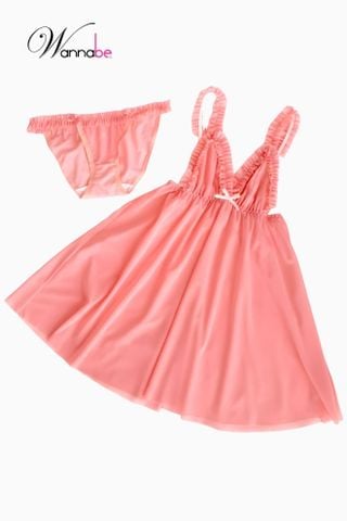 Đầm ngủ sexy WANNABE DNC07 váy ngủ lưới trong suốt xuyên thấu 2 dây vai nhúng bèo nữ tính, gợi cảm