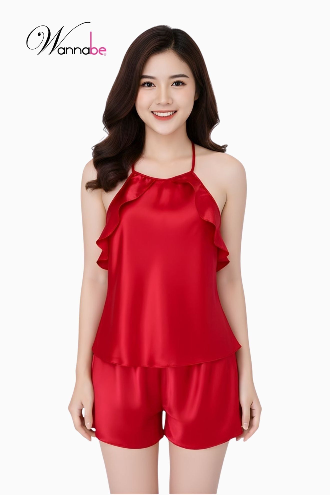  Đồ bộ mặc nhà WANNABE BSS22 đồ bộ quần sọt mặc với áo cổ yếm phối bèo gợn sóng lưng áo cut out trang trí dây khoe lưng 