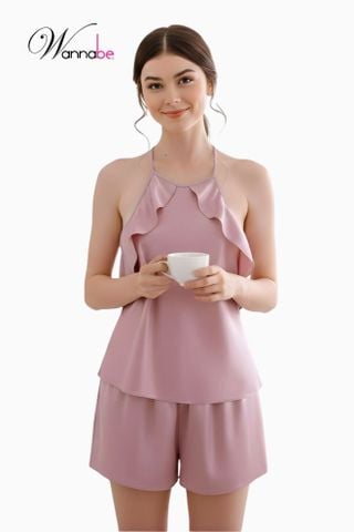 Đồ bộ mặc nhà WANNABE BSS22 đồ bộ quần sọt mặc với áo cổ yếm phối bèo gợn sóng lưng áo cut out trang trí dây khoe lưng