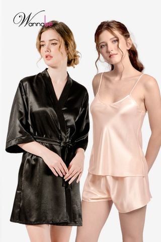 Combo KI010BS612 áo choàng ngủ bộ đùi nữ lụa mịn WANNABE thoải mái thời trang tối giản tiết kiệm hơn KI010BS612