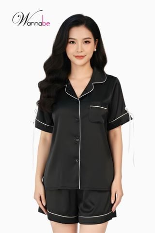 Bộ pijama lụa latin cao cấp WANNABE đồ ngủ mặc nhà tay ngắn thắt nơ ống tay phong cách coquette