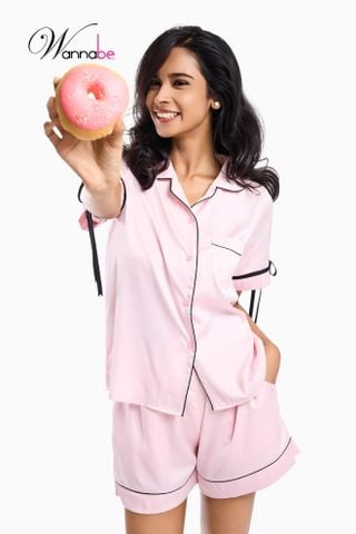 Bộ pijama lụa latin cao cấp WANNABE đồ ngủ mặc nhà tay ngắn thắt nơ ống tay phong cách coquette