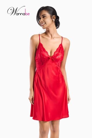 Váy ngủ lụa cô dâu phối ren cổ V sâu WANNABE đầm ngủ bridal cao cấp cho cô dâu đêm tân hôn DNR02