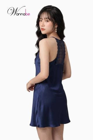 Đầm ngủ lụa WANNABE DNS43 váy ngủ 2 dây cổ yếm lưng phối ren xinh xắn xẻ giữa 2 đùi tăng nét nữ tính quyến rũ bạn gái