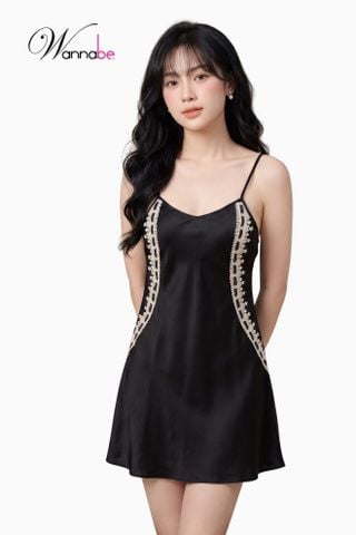 Váy ngủ lụa 2 dây cổ tròn WANNABE đầm ngủ phối ren nhẹ nhàng thanh lịch hack dáng đỉnh cao DNL14