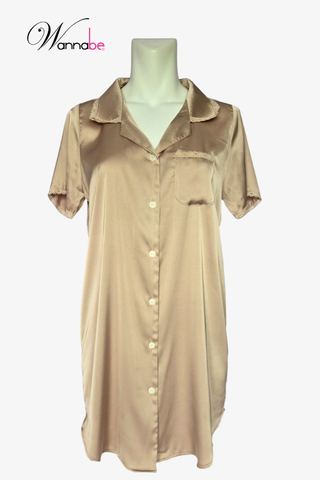 Váy ngủ Pijama dáng suông dấu bụng Wannabe đầm ngủ nữ lụa latin phối ren Nhật mềm mại nữ tính DNL16