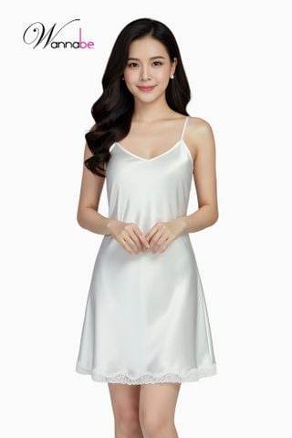 Đầm ngủ phi lụa cao cấp WANNABE DNS14 váy ngủ 2 dây kiểu dáng đơn giản nhẹ nhàng chân váy viền ren lai chăm sóc giấc ngủ