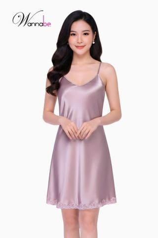 Đầm ngủ phi lụa cao cấp WANNABE DNS14 váy ngủ 2 dây kiểu dáng đơn giản nhẹ nhàng chân váy viền ren lai chăm sóc giấc ngủ
