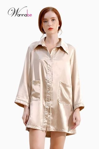 Đầm ngủ sơ mi lụa cao cấp WANNABE DNS44 váy ngủ kiểu dáng pijama rộng rãi thoải mái tay dài viền gân nổi có túi tiện lợi