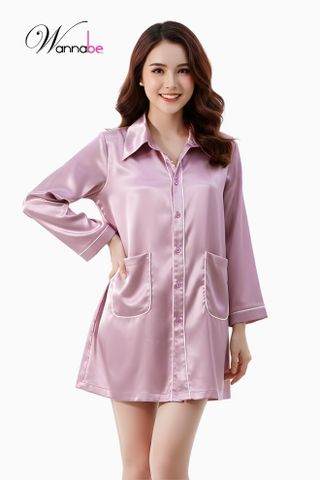 Đầm ngủ sơ mi lụa cao cấp WANNABE DNS44 váy ngủ kiểu dáng pijama rộng rãi thoải mái tay dài viền gân nổi có túi tiện lợi