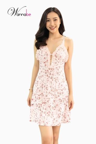 Đầm ngủ lụa mango WANNABE DNS81 váy ngủ 2 dây cổ xẻ sâu, nhúng ren viền quanh cổ, vải hoa nhí màu sắc tươi mát trẻ trung