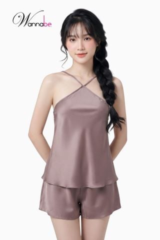 Đồ bộ mặc nhà phi lụa cao cấp Wannabe, bộ sọt BSS64 cổ yếm quần short đơn giản