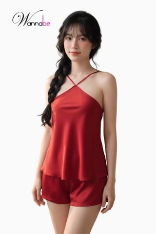 Đồ bộ mặc nhà phi lụa cao cấp Wannabe, bộ sọt BSS64 cổ yếm quần short đơn giản