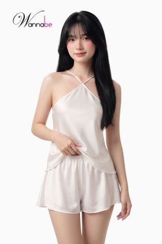 Đồ bộ mặc nhà phi lụa cao cấp Wannabe, bộ sọt BSS64 cổ yếm quần short đơn giản