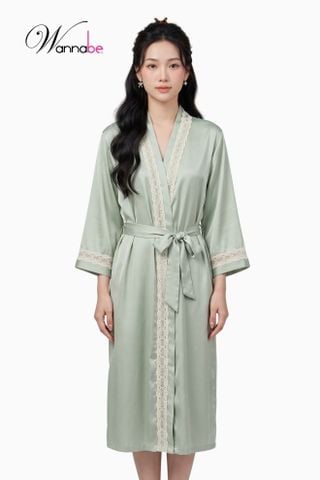 Áo choàng ngủ phi lụa Kimono Wannabe KIS11 dáng dài, viền đăng ren hoa sang trọng quý phái