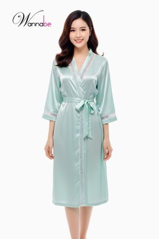 Áo choàng ngủ phi lụa Kimono Wannabe KIS11 dáng dài, viền đăng ren hoa sang trọng quý phái